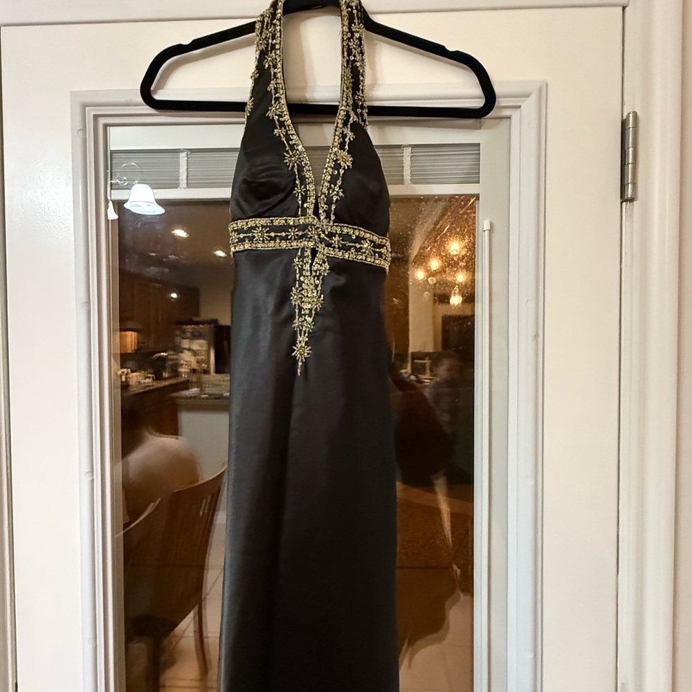 Elegant Black Halter Dress with Gold Embellishments